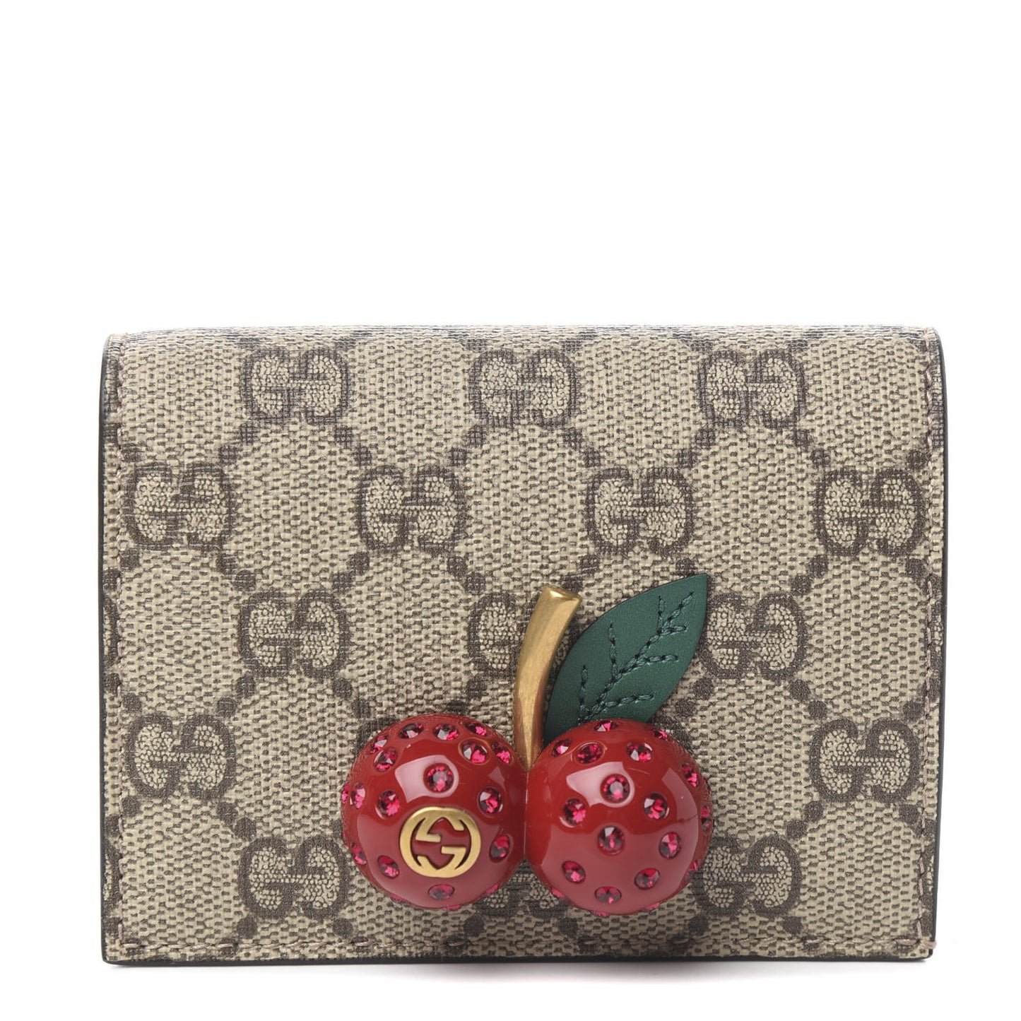 GG Supreme Monogram Cherry Embellished Card Case Wallet Hibiscus Red