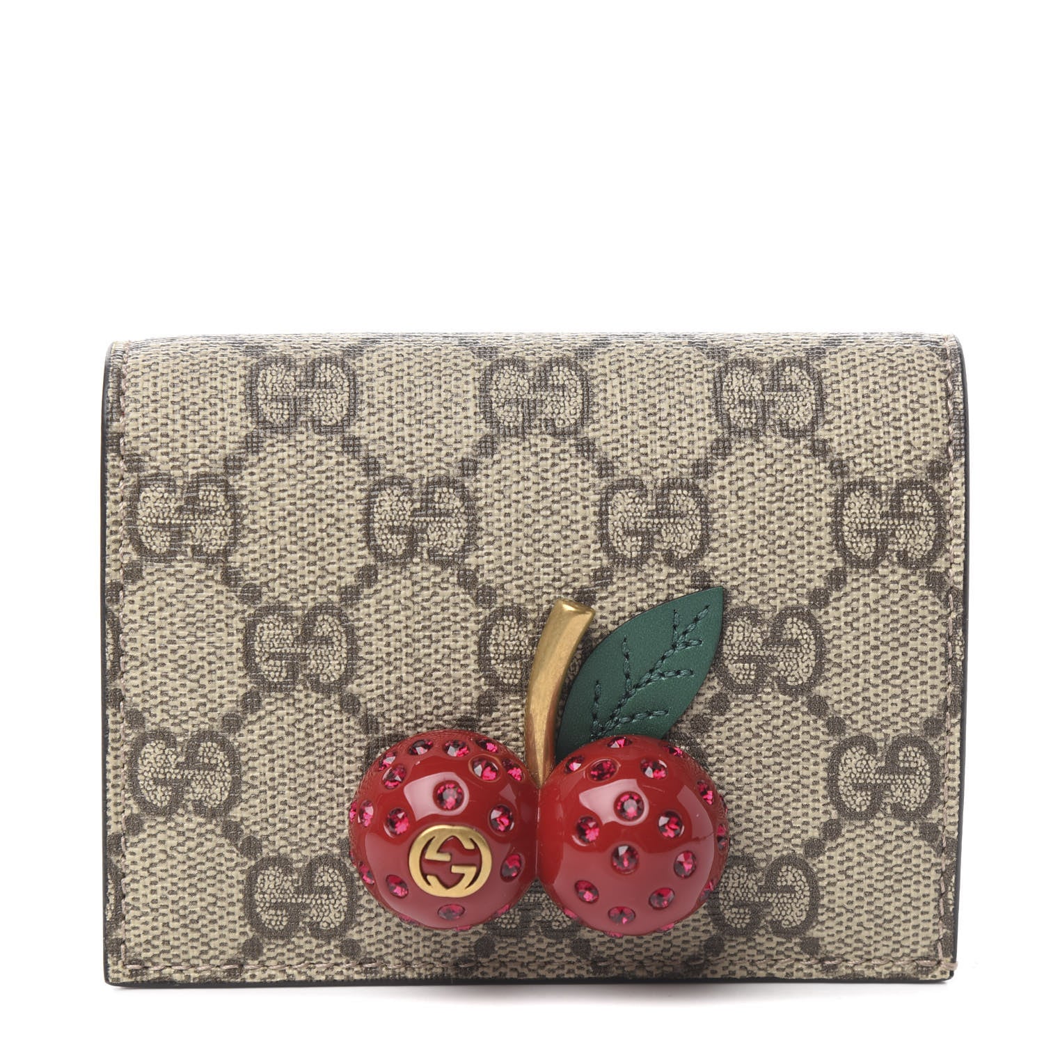 Gucci GG Supreme Monogram Cherry Embellished Card Case Wallet Hibiscus Red 1 of 7