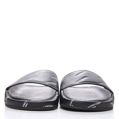 Balenciaga Nappa Allover Logo Embossed Womens Pool Slide Sandals 35 Black White 2 of 9