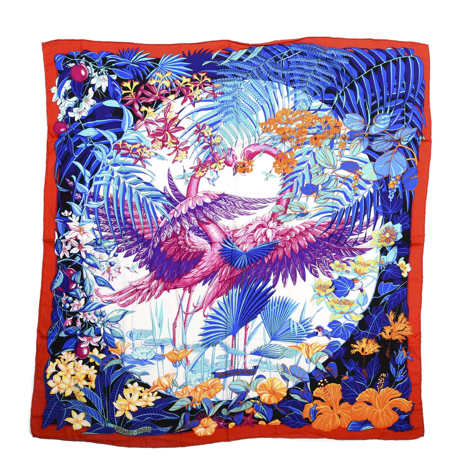 Hermes Cashmere Silk Flamingo Party Shawl 140 Rouge Vif Blanc Bleu 1 of 4