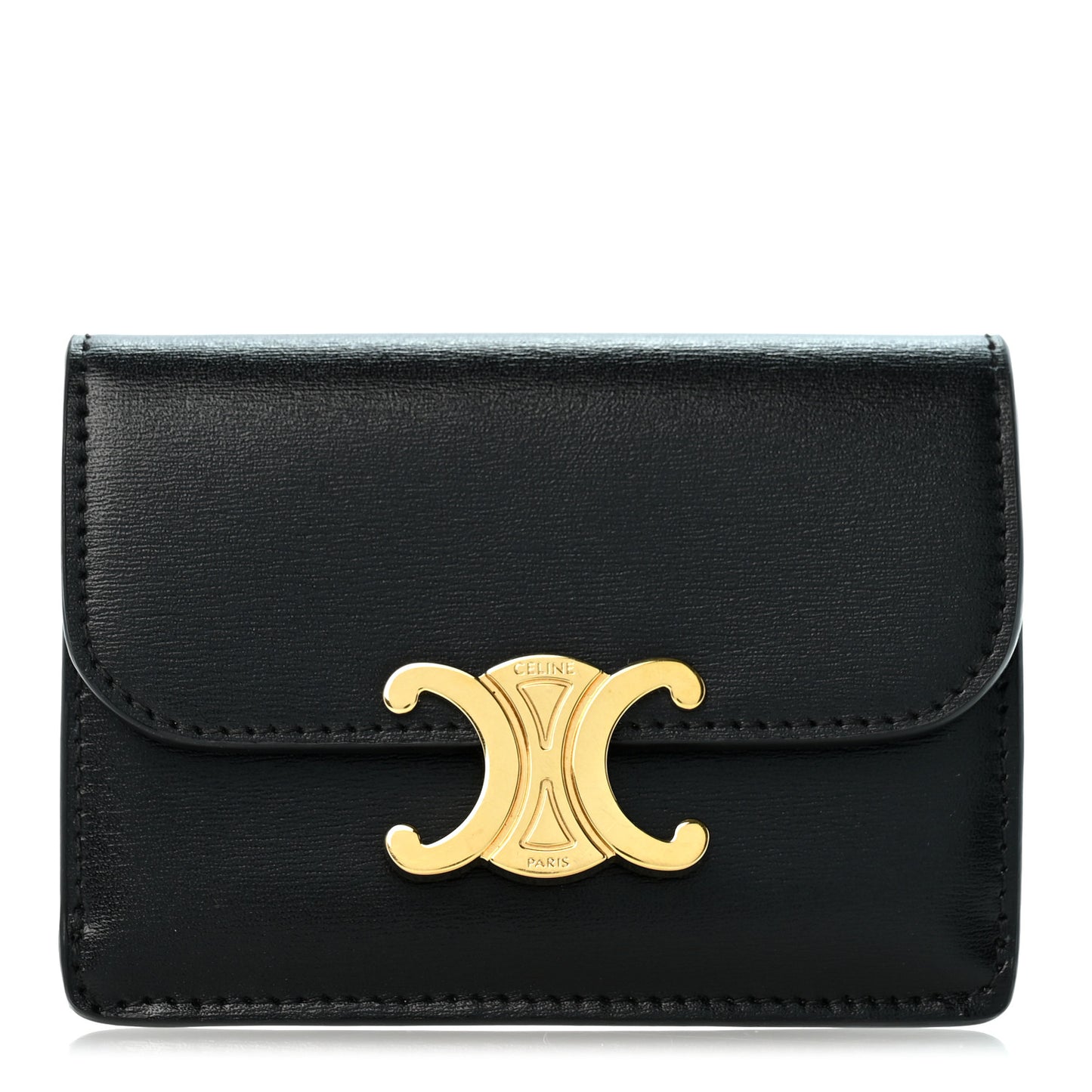 Shiny Calfskin Triomphe Flap Card Holder Black