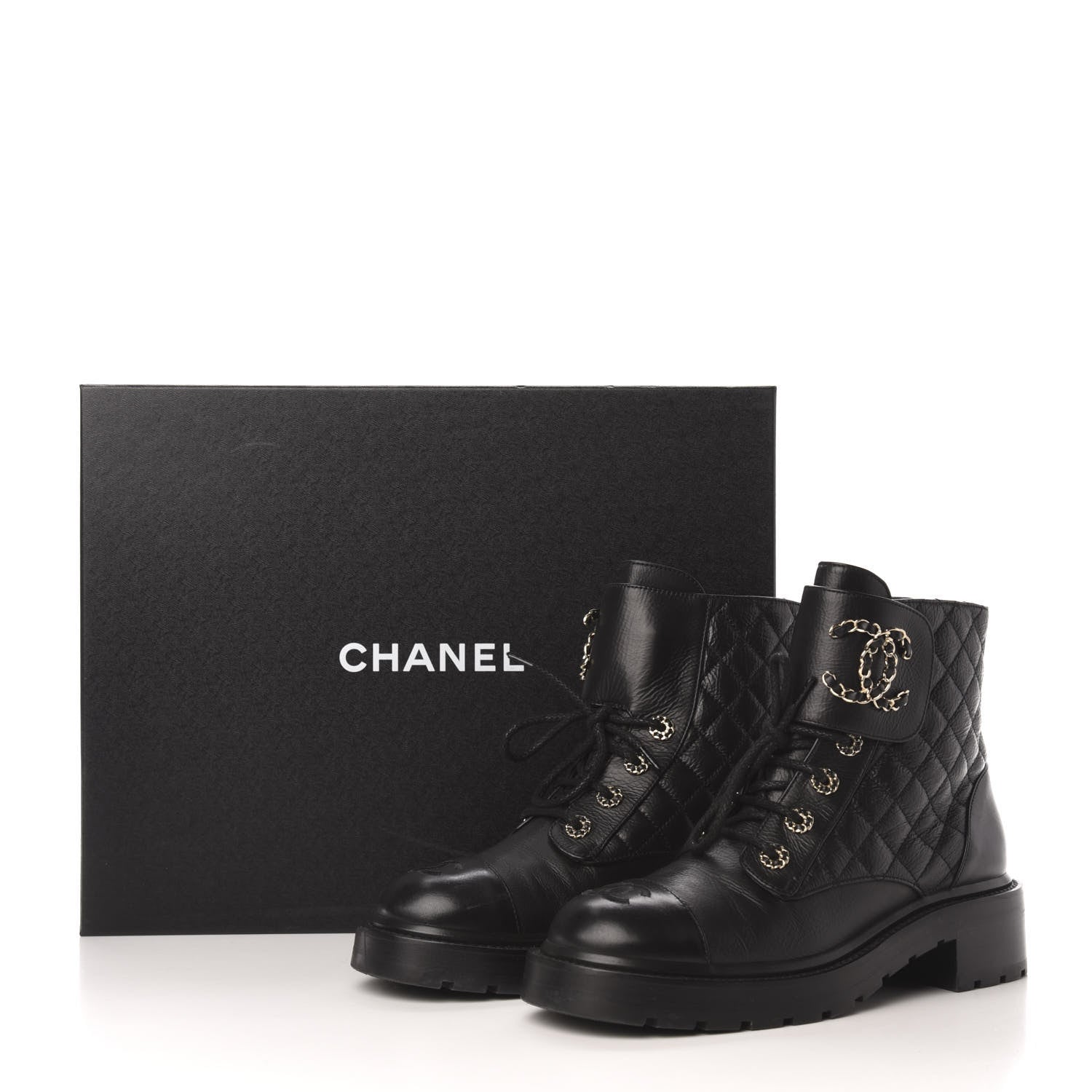 Chanel Shiny Goatskin Calfskin Quilted Lace Up Combat Boots 39 Black 9 of 9