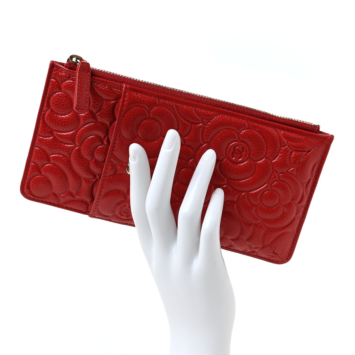 Chanel Caviar Camellia Embossed Classic Flat Wallet Pouch Red 2 of 9