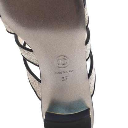 Chanel Sequin Grosgrain Logo Mules 37 Black Gold 8 of 10
