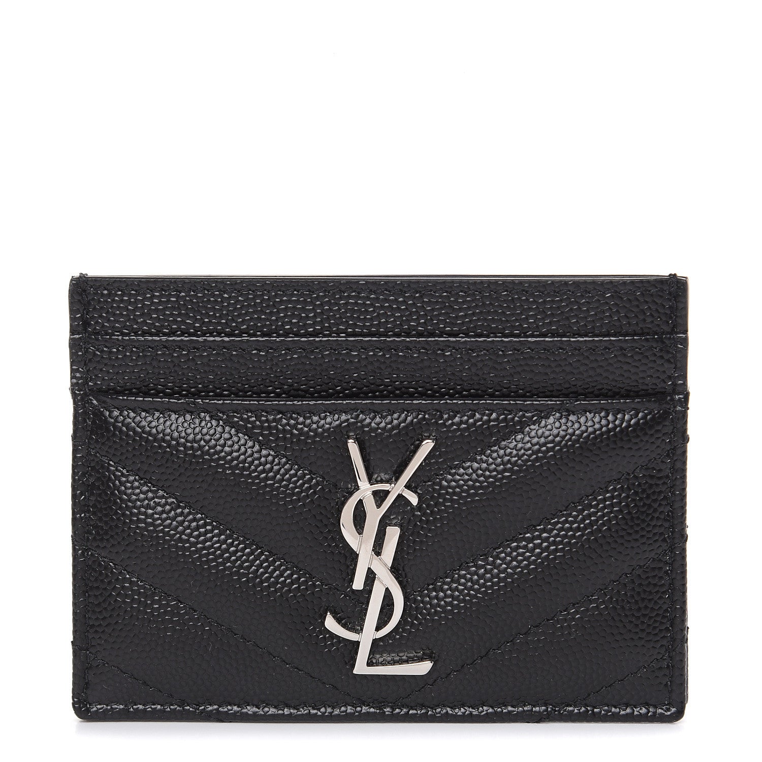Saint Laurent Grain De Poudre Matelasse Chevron Monogram Credit Card Case Black 1 of 7