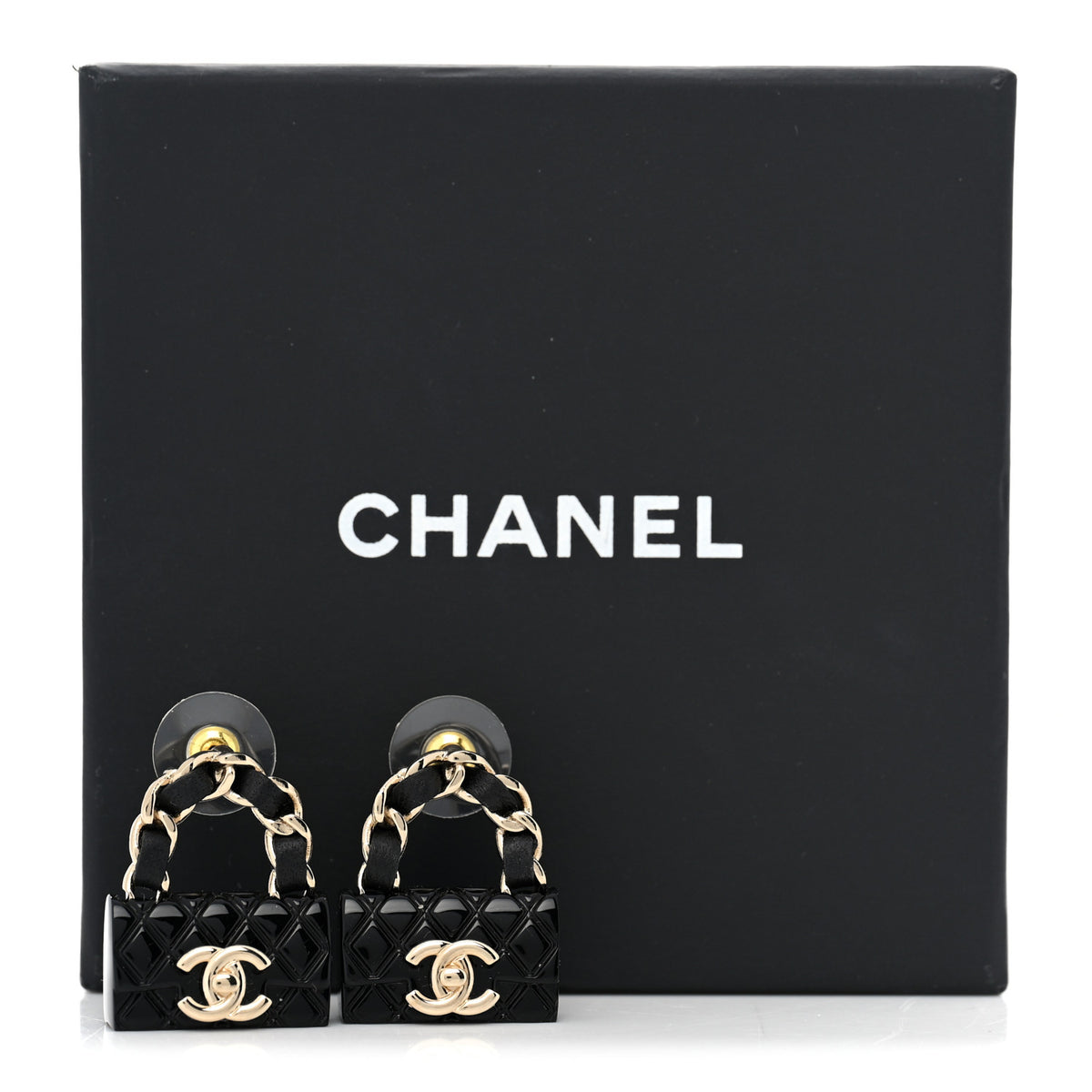 Metal Resin Lambskin Quilted CC Turnlock Chain Flap Bag Earrings Black Gold