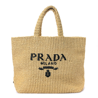 Prada Yarn Raffia Effect Crochet Embroidered Logo Tote Naturale 1 of 9