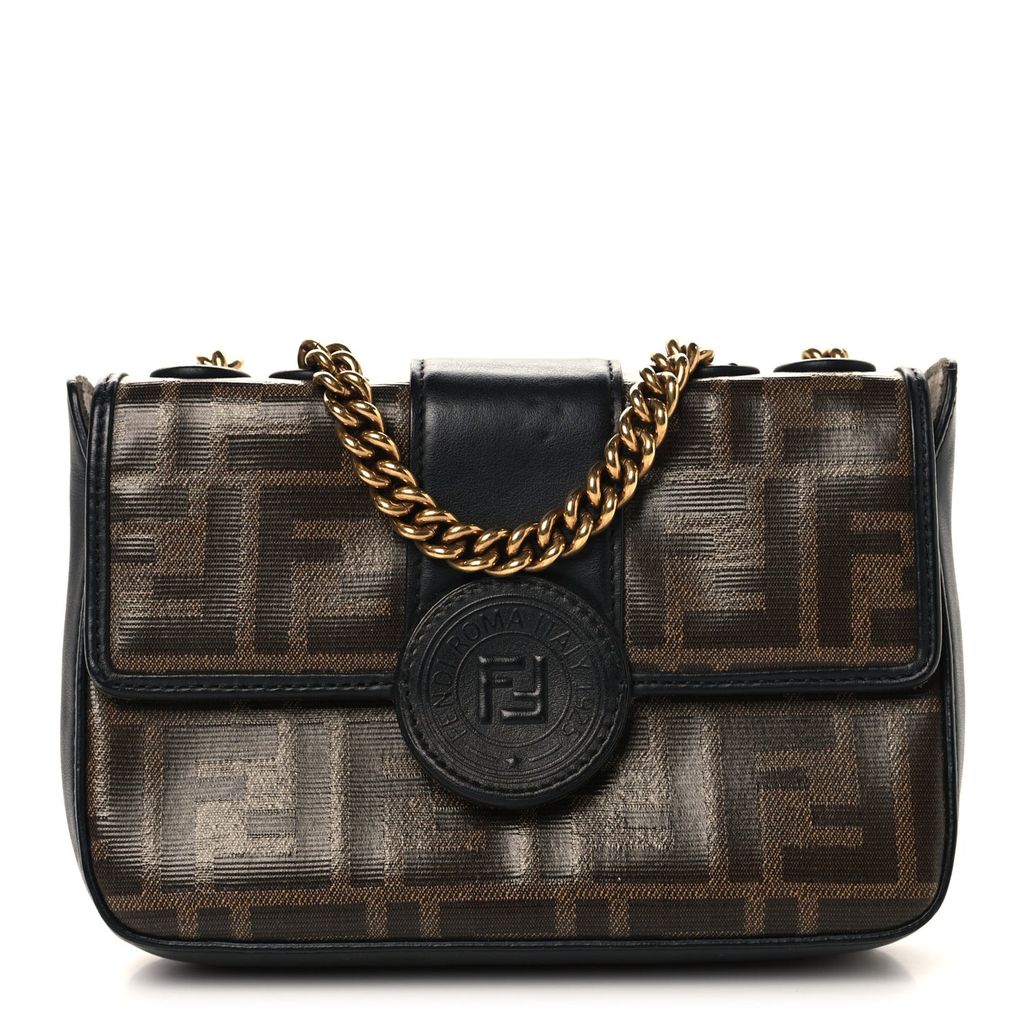 Glazed Fabric Vitello Century FF 1974 Stamp Patch Mini Double F Crossbody Bag Mogano Panna Black