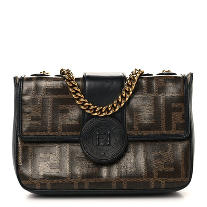 Fendi Glazed Fabric Vitello Century FF 1974 Stamp Patch Mini Double F Crossbody Bag Mogano Panna Black 1 of 12