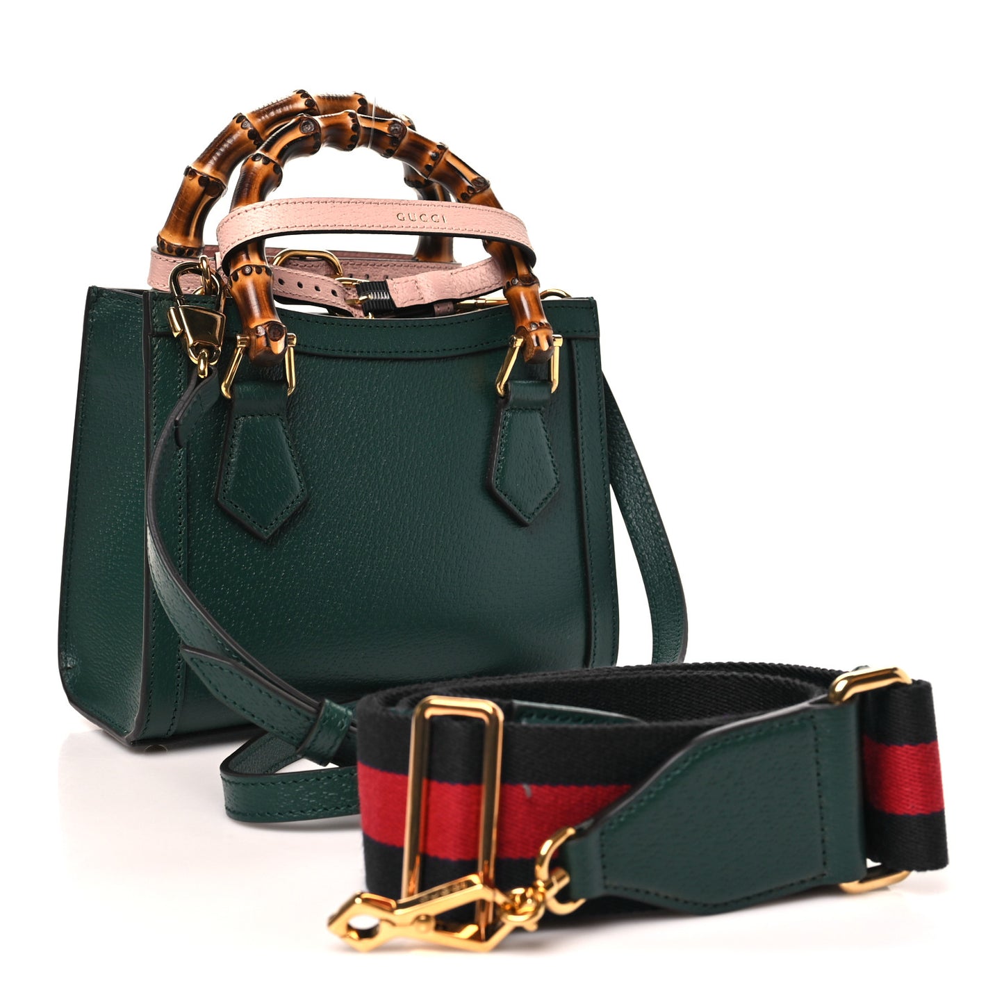 Textured Dollar Calfskin Web Mini Diana Tote Bag Vintage Green Pink