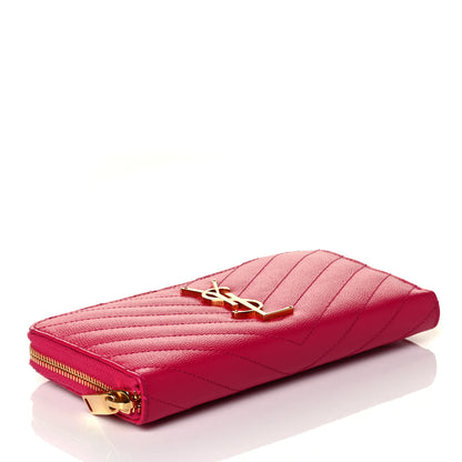 Saint Laurent Grain De Poudre Matelasse Chevron Monogram Zip Around Wallet Fuchsia 3 of 8
