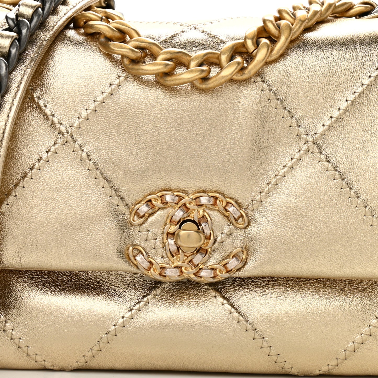 Metallic Lambskin Stitched Medium Chanel 19 Flap Gold