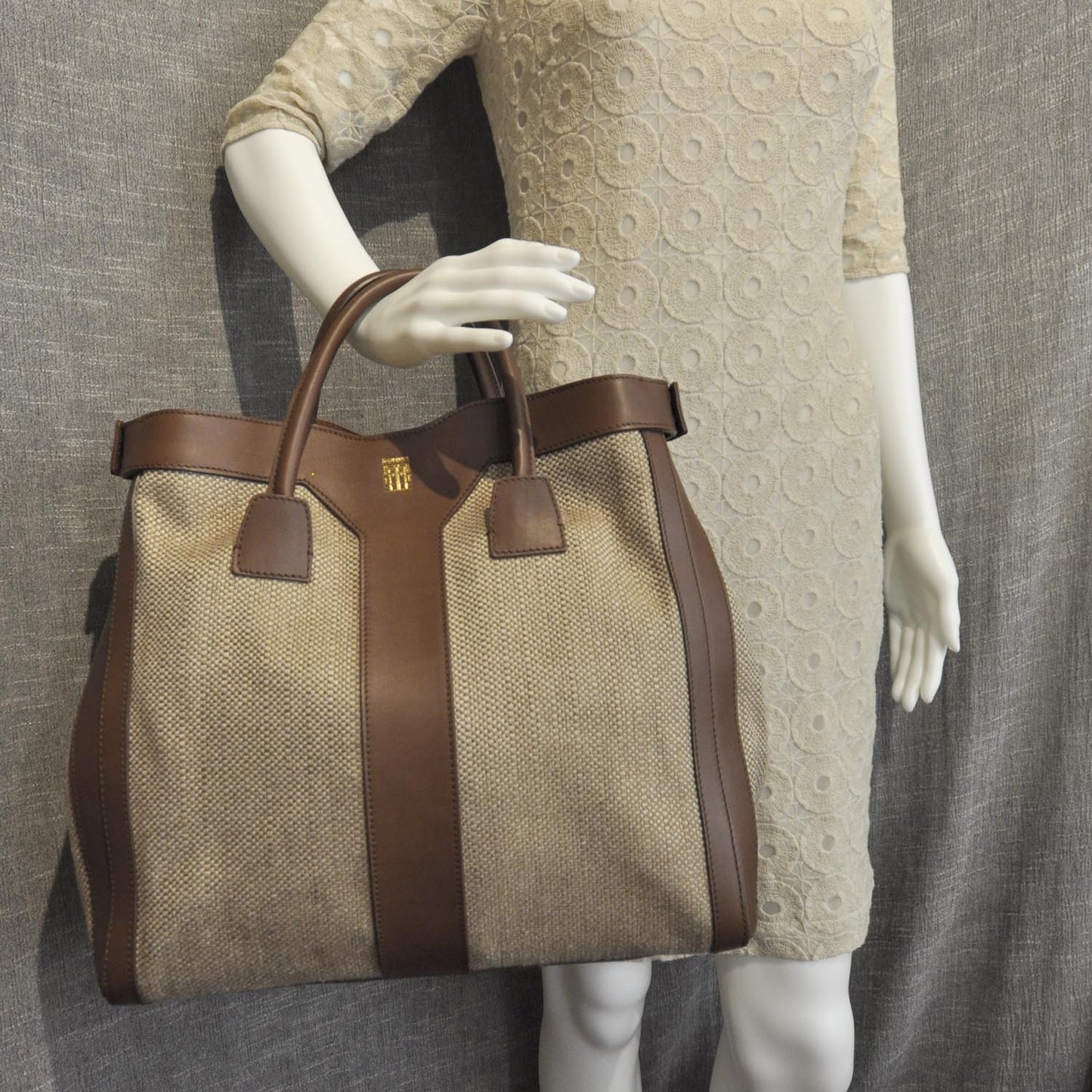 Woven Linen Leather Double Y Tote