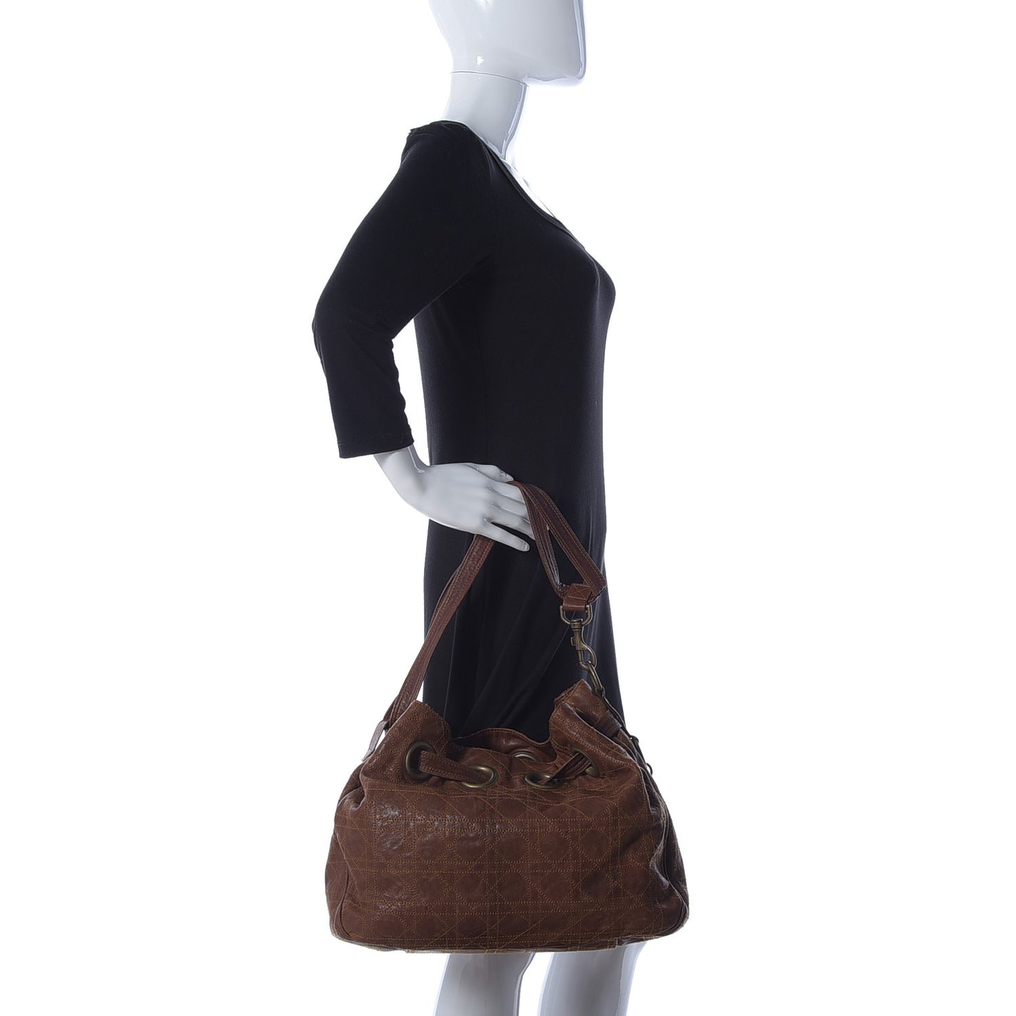 Lambskin Cannage Drawstring Bag Brown
