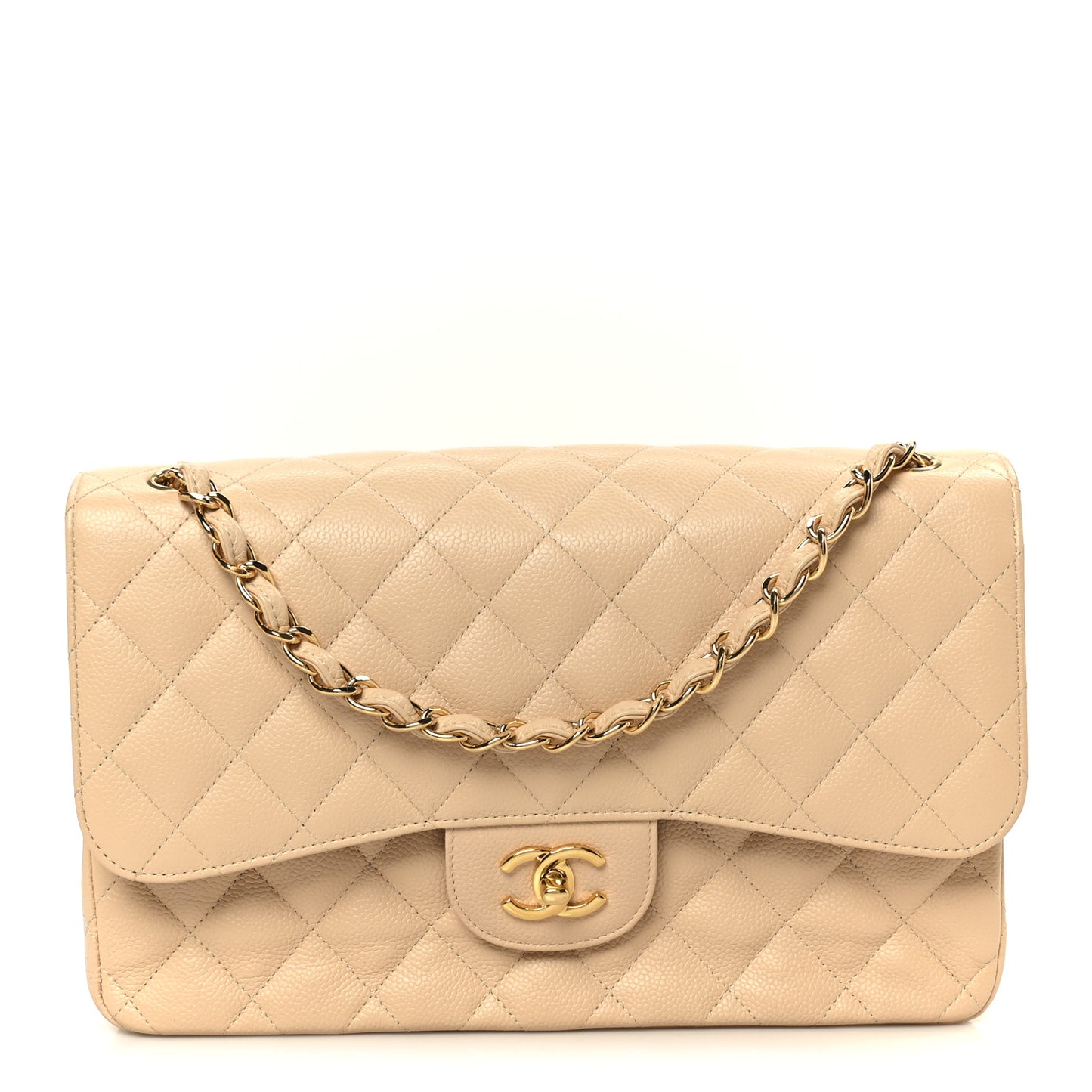 Caviar Quilted Jumbo Double Flap Beige
