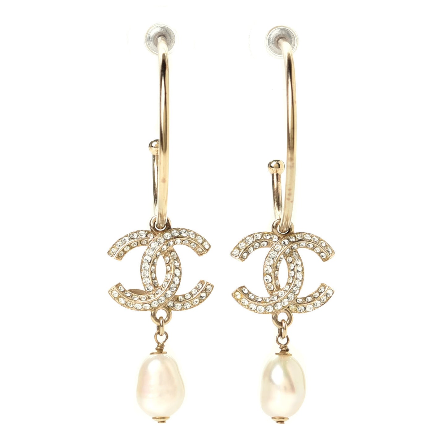 Crystal Pearl CC Drop Hoop Earrings Gold