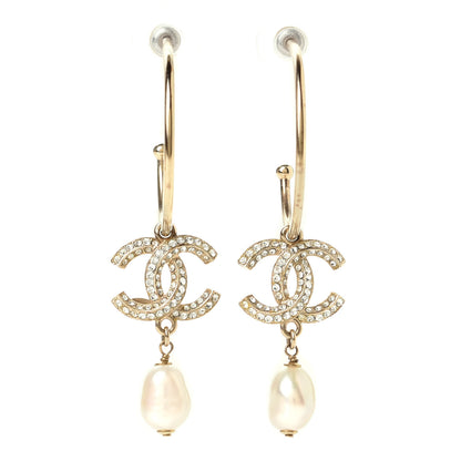 Chanel Crystal Pearl CC Drop Hoop Earrings Gold 1 of 4