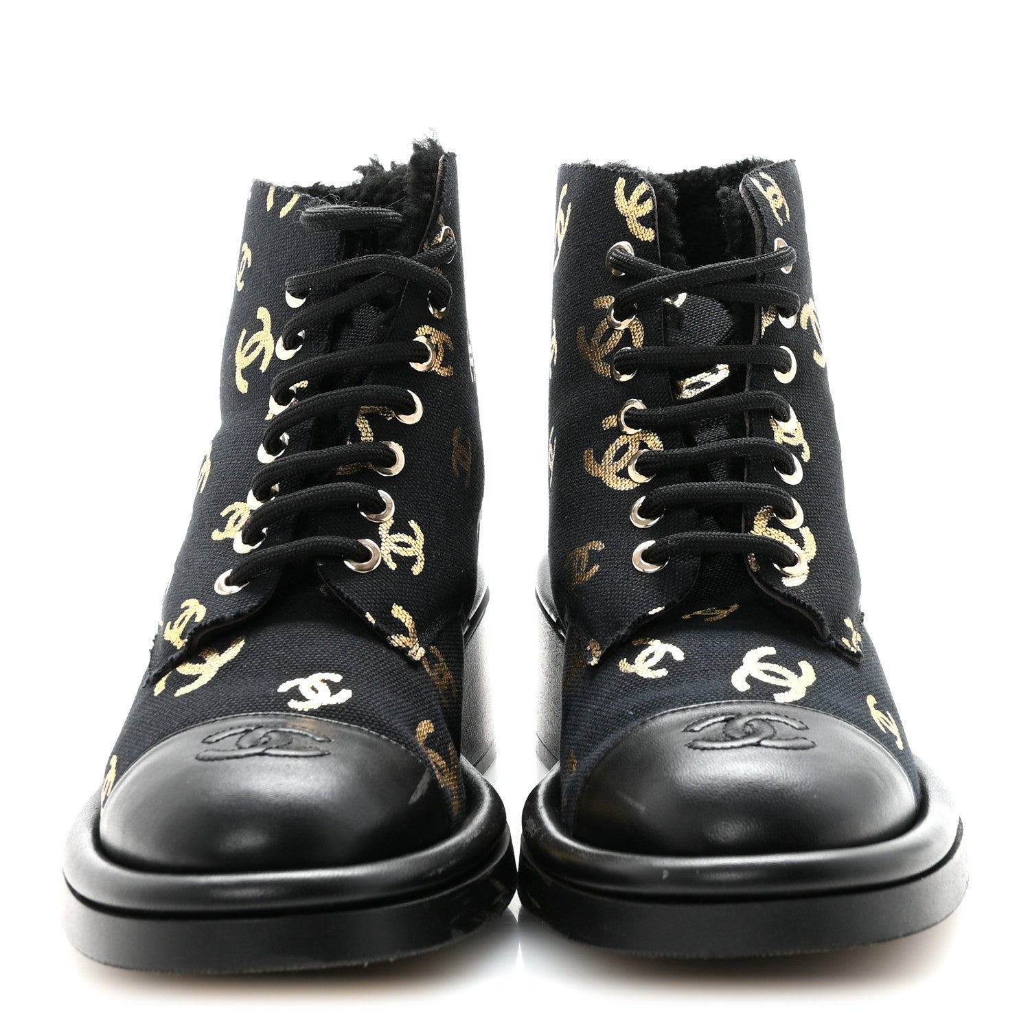 Chanel Lambskin Shearling Canvas CC Lace Up Boots 36.5 Black Gold 3 of 10