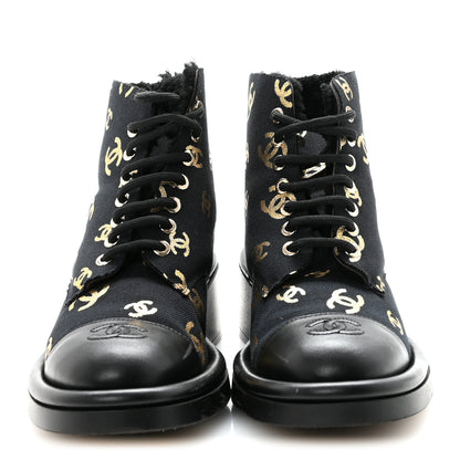 Chanel Lambskin Shearling Canvas CC Lace Up Boots 36.5 Black Gold 3 of 10