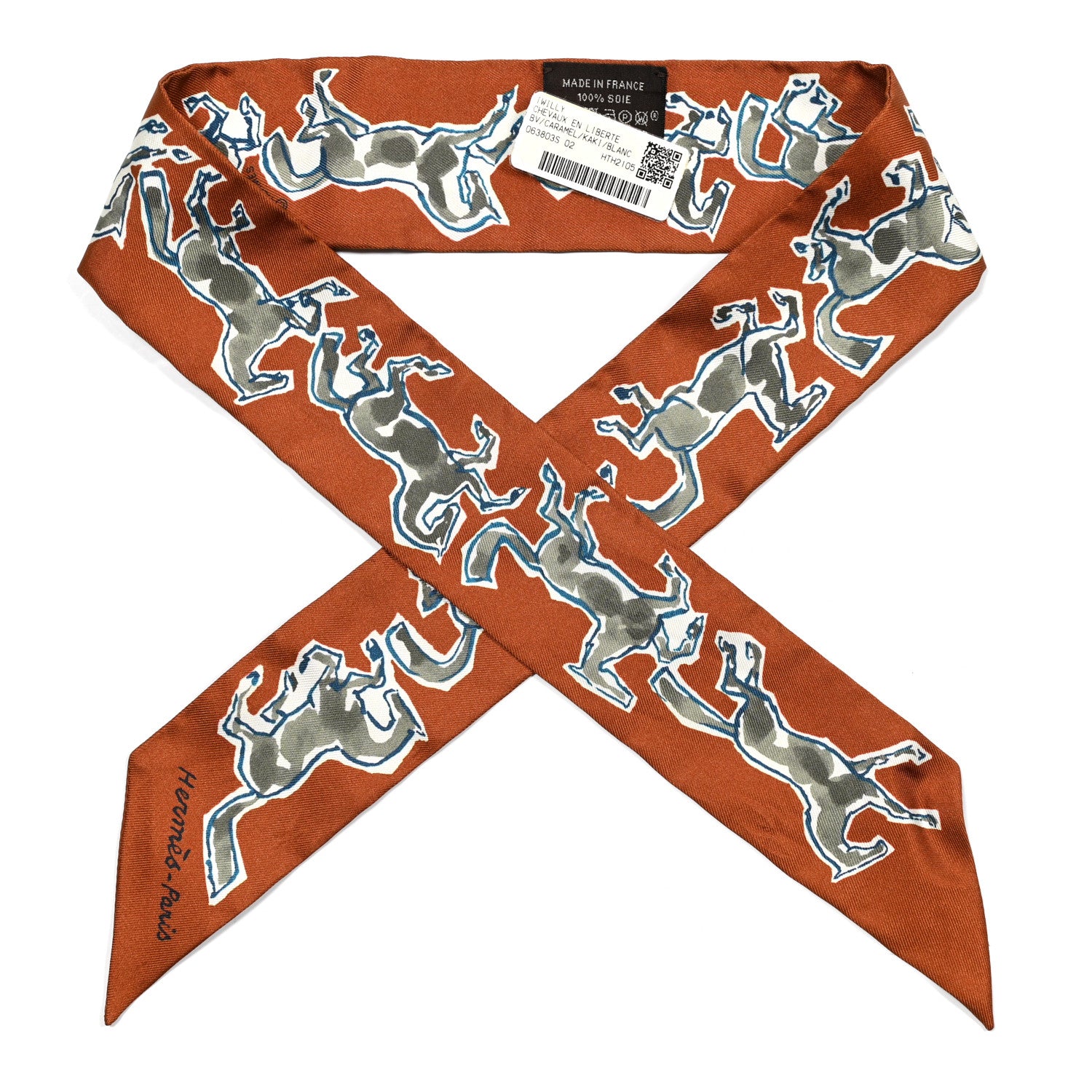 Hermes Silk Chevaux En Liberte Twilly Caramel Kaki White 1 of 6