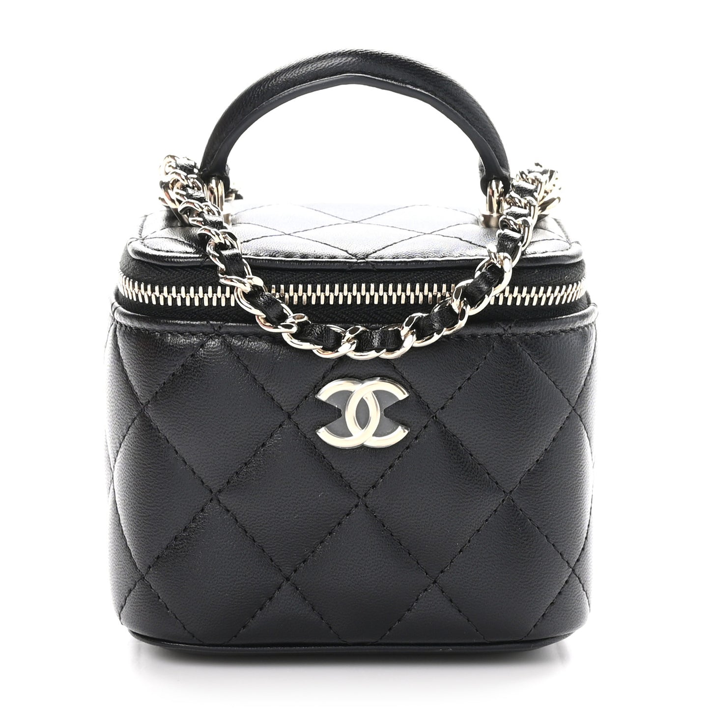 Lambskin Quilted Top Handle Mini Vanity Case With Chain Black