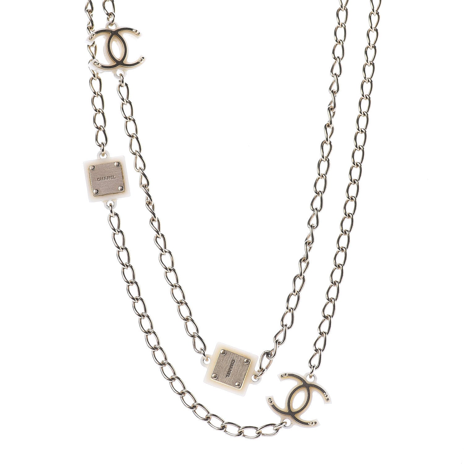 Chanel Resin Square CC Necklace White Silver 1 of 7