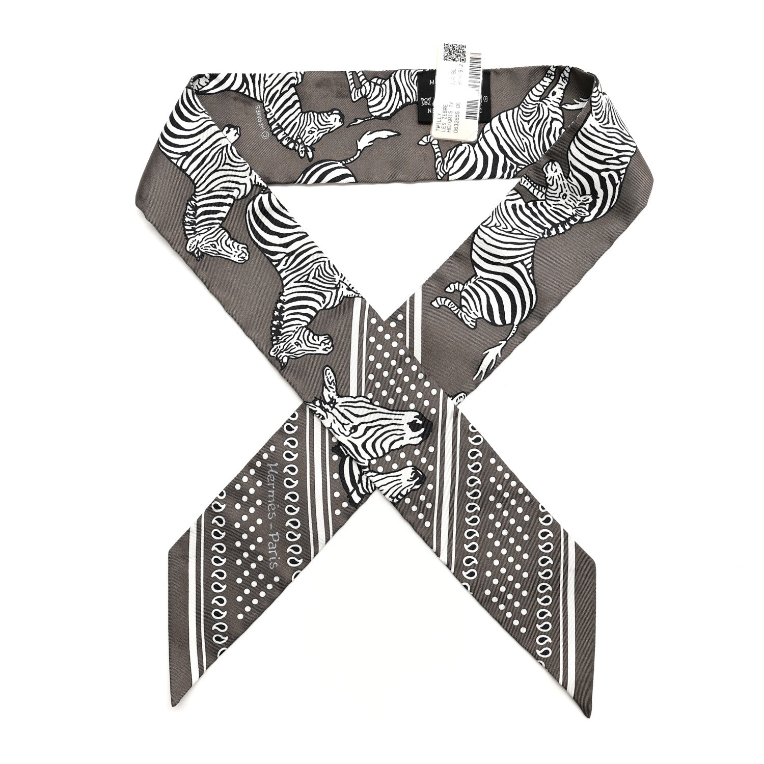 Hermes Silk Les Zebres Twilly Gris Taupe Black White 1 of 6