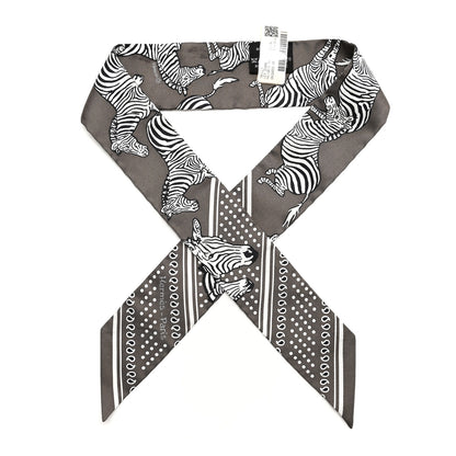 Hermes Silk Les Zebres Twilly Gris Taupe Black White 1 of 6