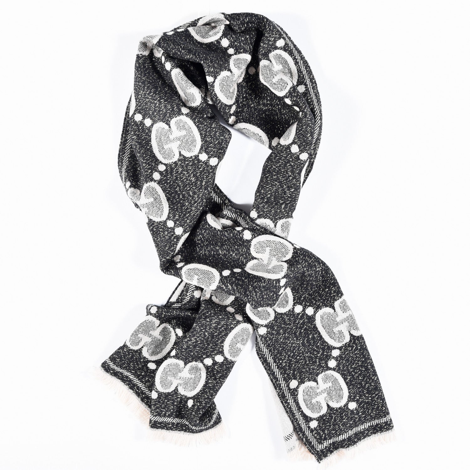 Gucci Wool Lame Jacquard Monogram Jumbo GG Lady Nest Lux Scarf Black Ivory 1 of 4