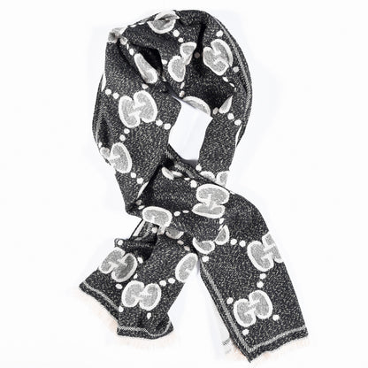 Gucci Wool Lame Jacquard Monogram Jumbo GG Lady Nest Lux Scarf Black Ivory 1 of 4