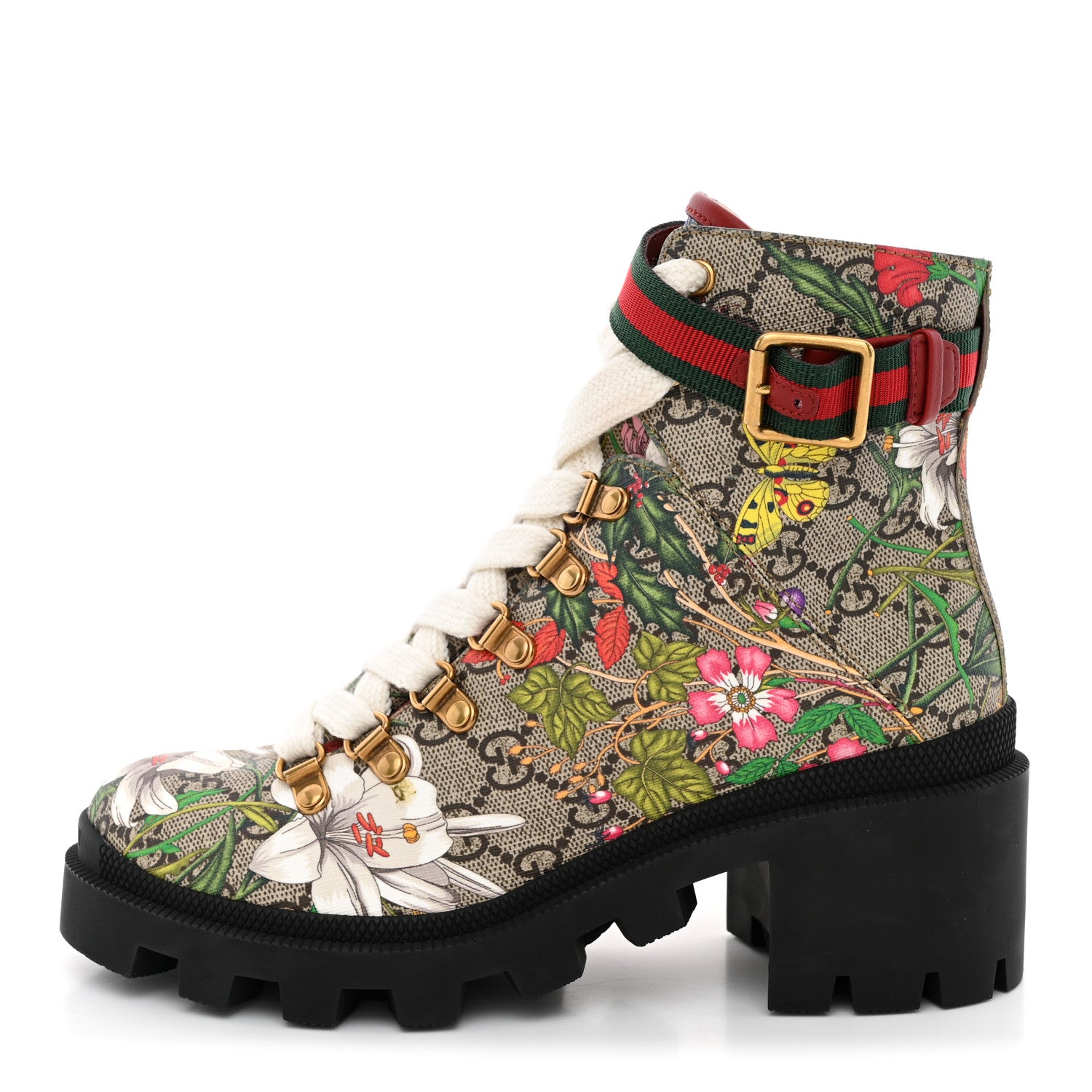 Gucci GG Supreme Monogram Flora Lace Up Combat Ankle Boots 36 Beige Multicolor Red 1 of 9