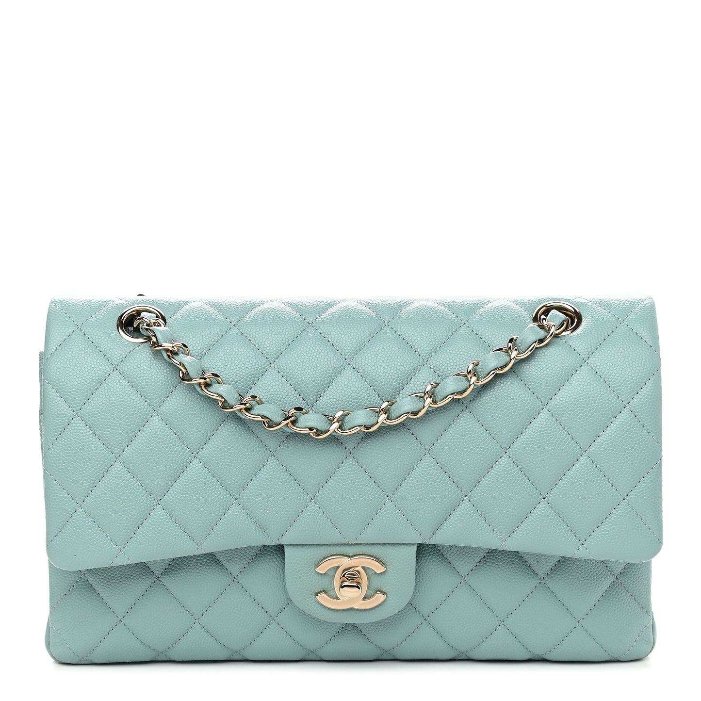 Caviar Quilted Medium Double Flap Light Blue