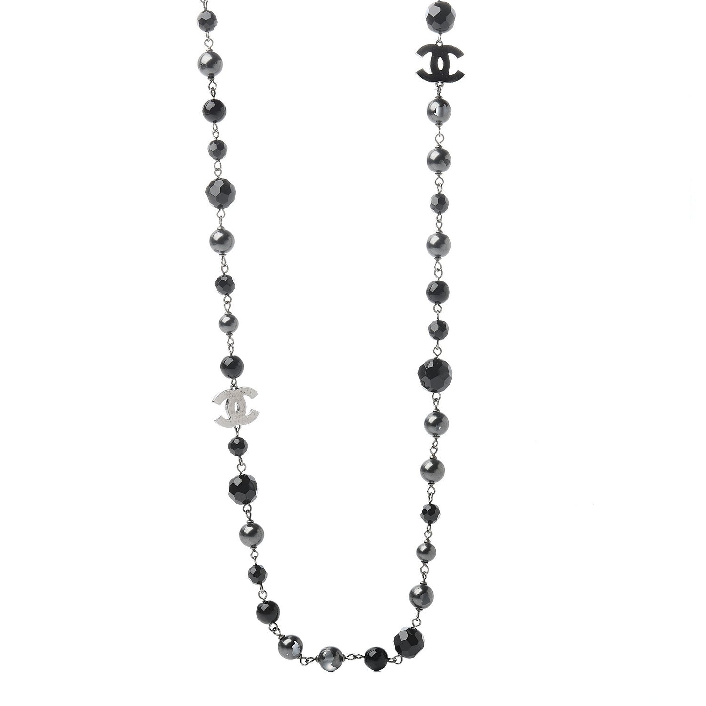Pearl Beaded CC Long Necklace Silver Black