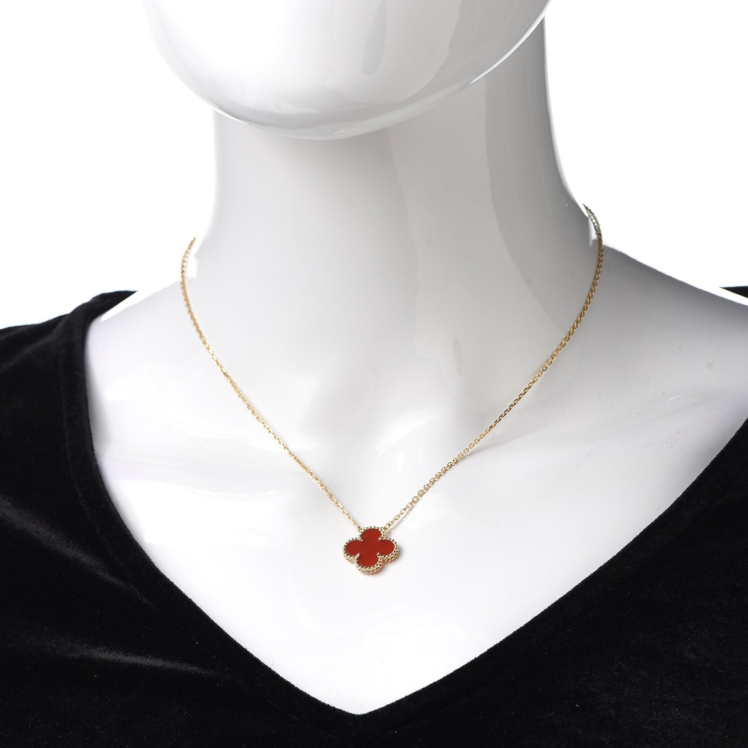 Van Cleef & Arpels 18K Yellow Gold Carnelian Vintage Alhambra Pendant Necklace 2 of 8