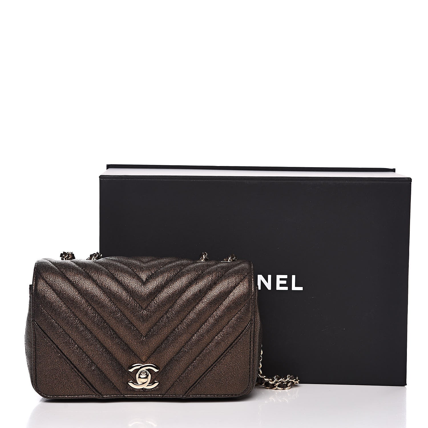 Chanel Metallic Caviar Chevron Quilted Mini Statement Flap Bronze 12 of 12