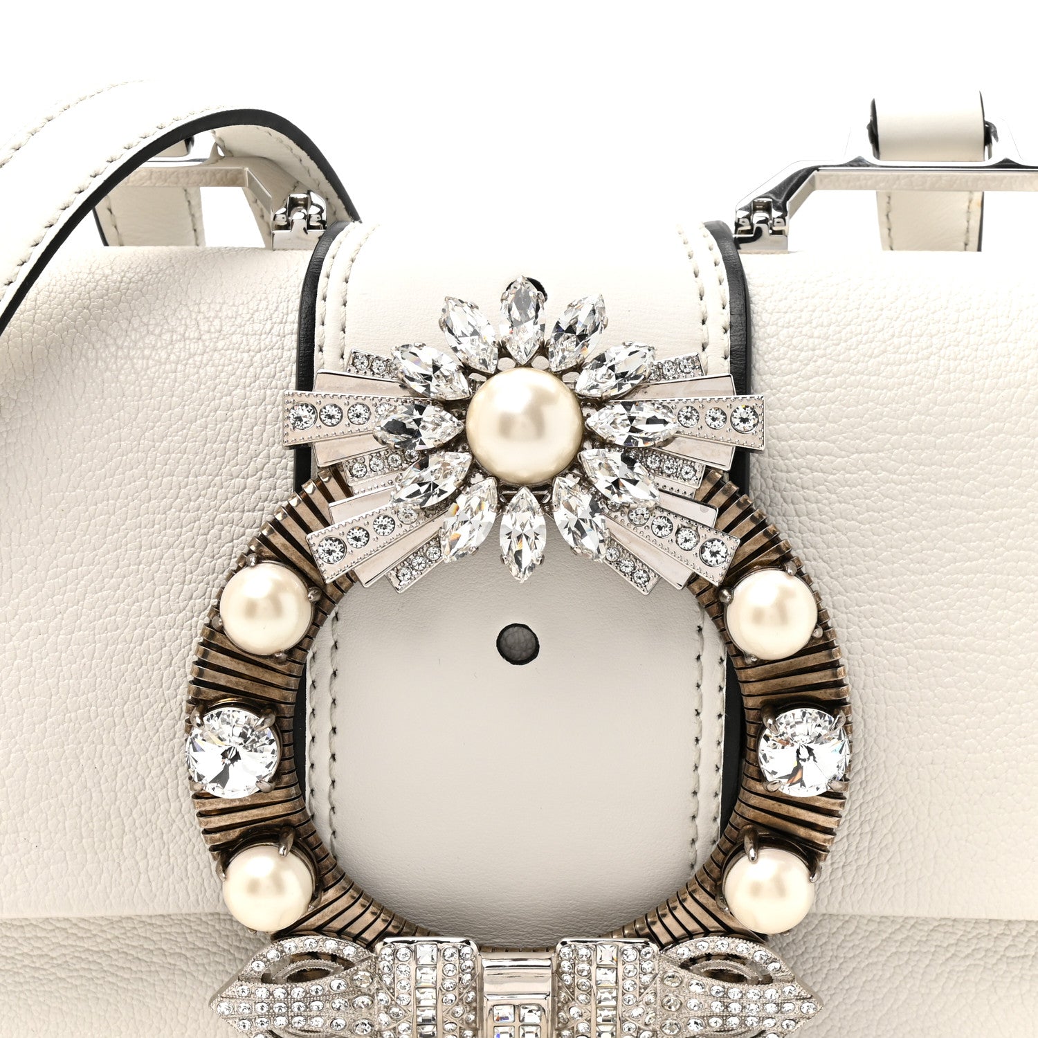 Miu Miu Goatskin Madras Soft Calf Crystal Embellished Shoulder Bag Bianco 7 of 11