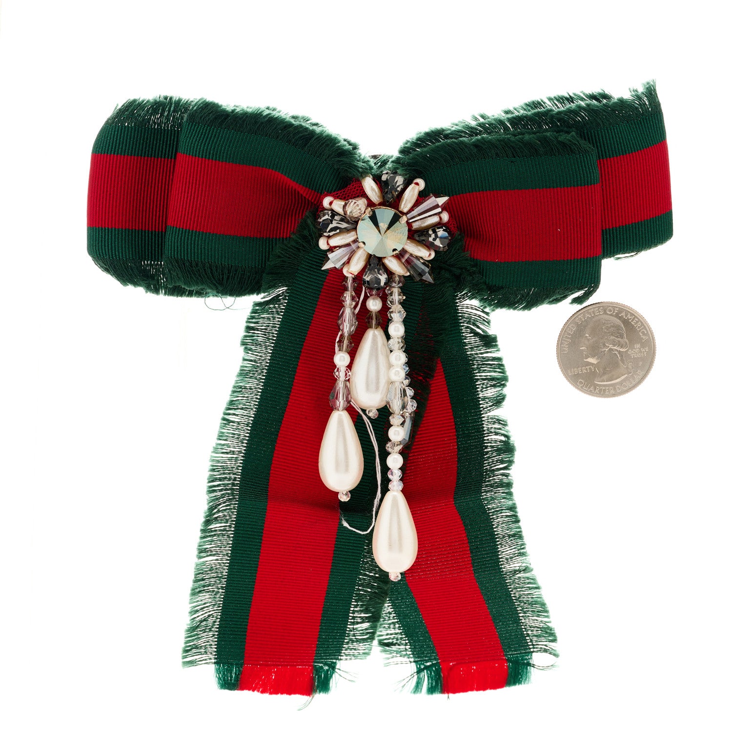 Gucci Grosgrain Web Pearl Crystal Bow Brooch 1 of 3