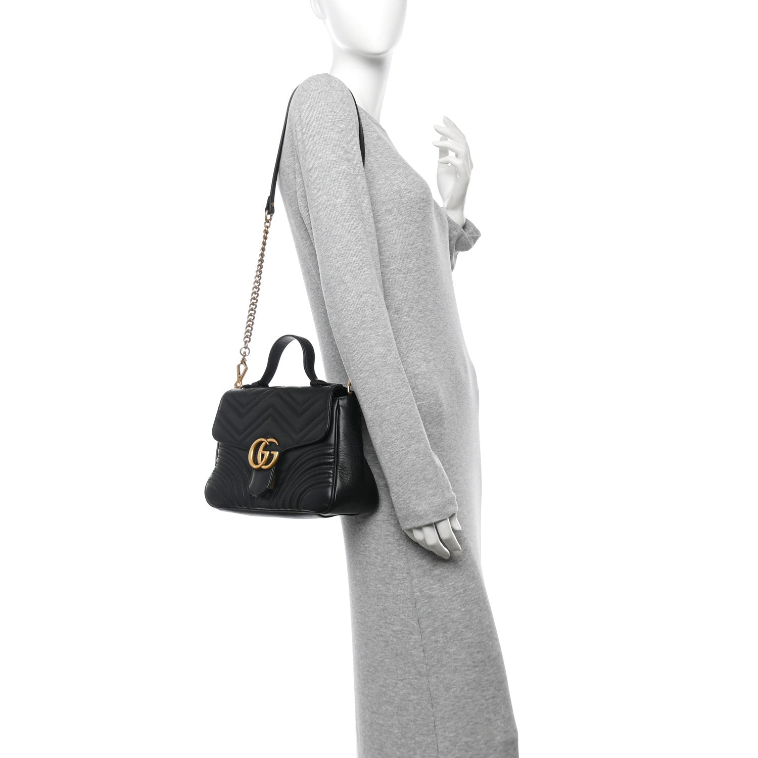 Gucci Calfskin Matelasse Small GG Marmont Top Handle Shoulder Bag Black 2 of 11