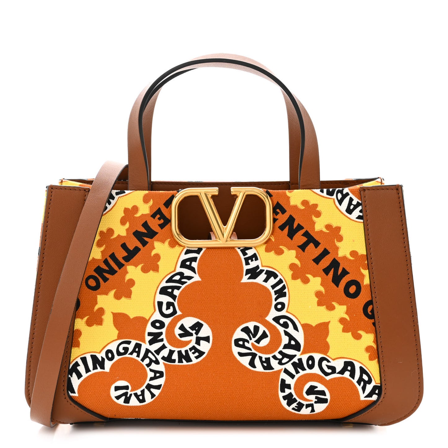 Canvas Calfskin Mini Bandana Print Small Vlogo Signature Tote Saddle Brown Multicolor