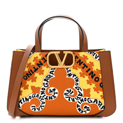 Valentino Garavani Canvas Calfskin Mini Bandana Print Small Vlogo Signature Tote Saddle Brown Multicolor 1 of 10