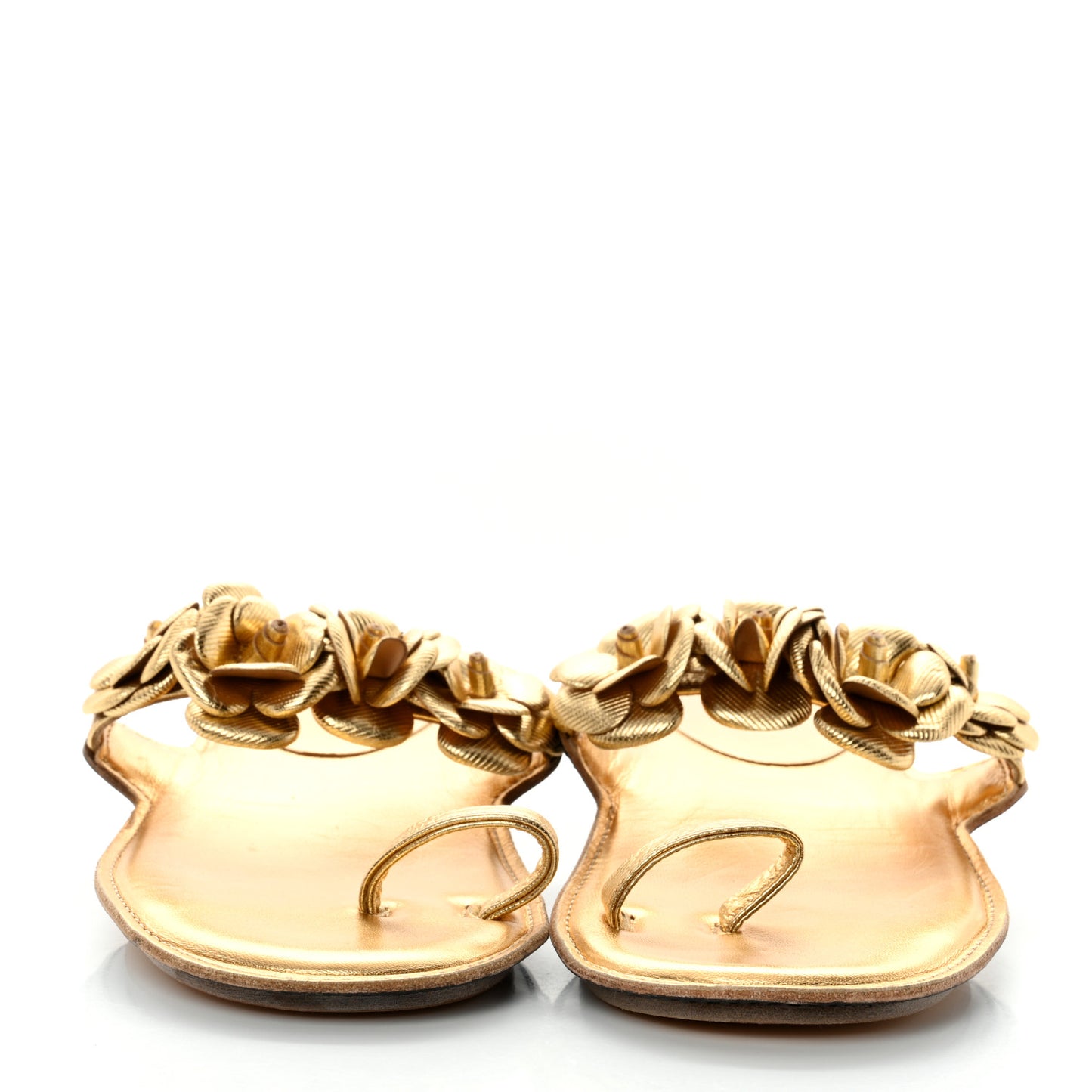 Metallic Calfskin Camellia Sandals 41 Gold
