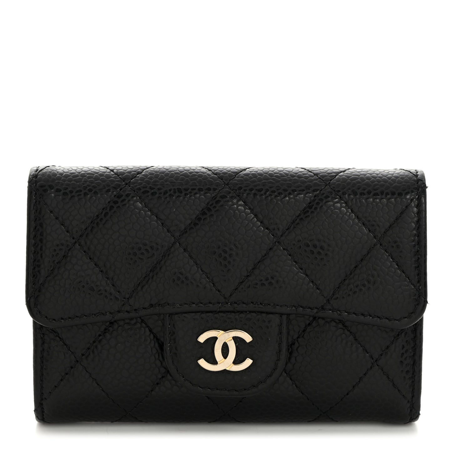 Caviar Quilted Flap Card Holder Wallet Black