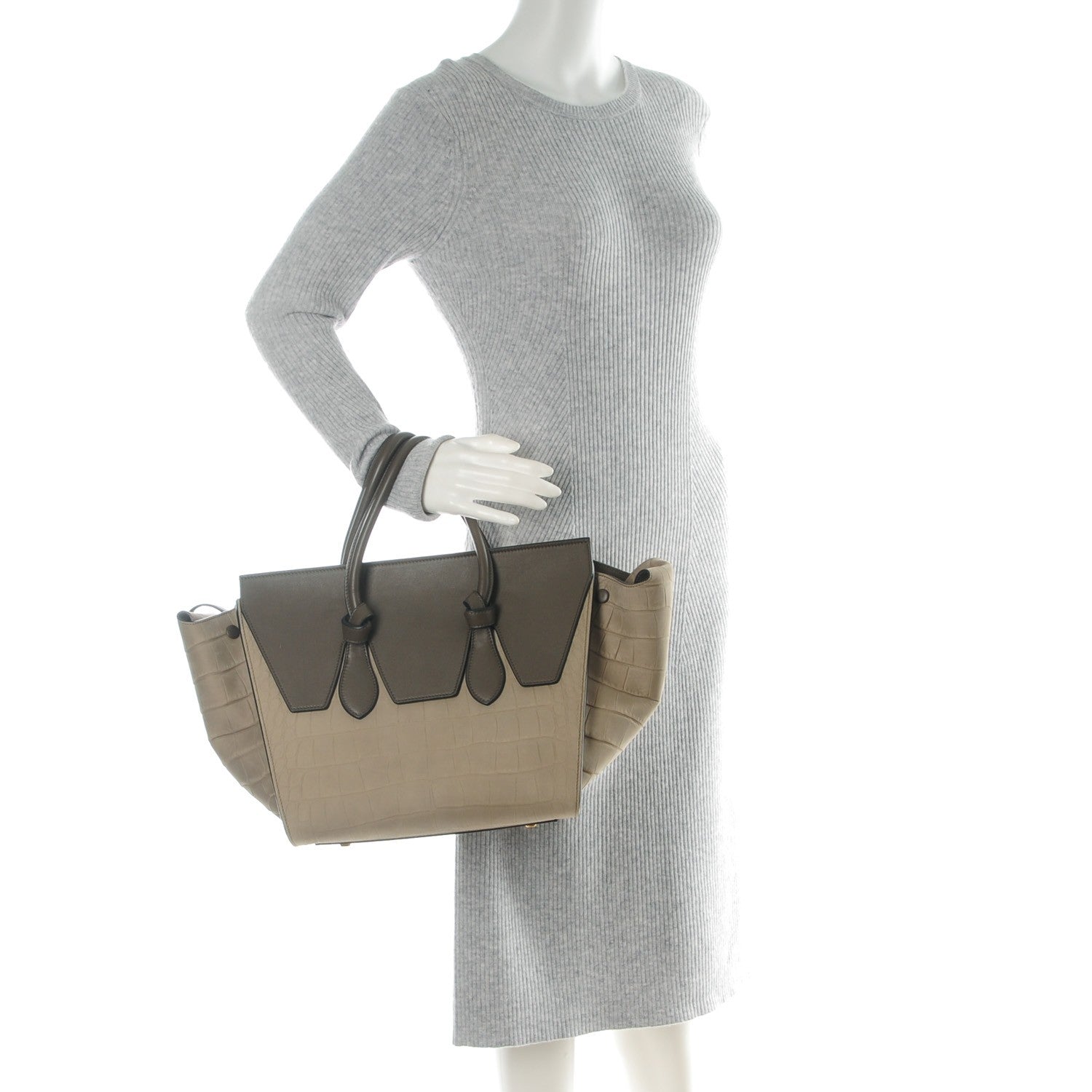 Celine Crocodile Embossed Nubuck Calfskin Small Tie Knot Tote Grey 2 of 9
