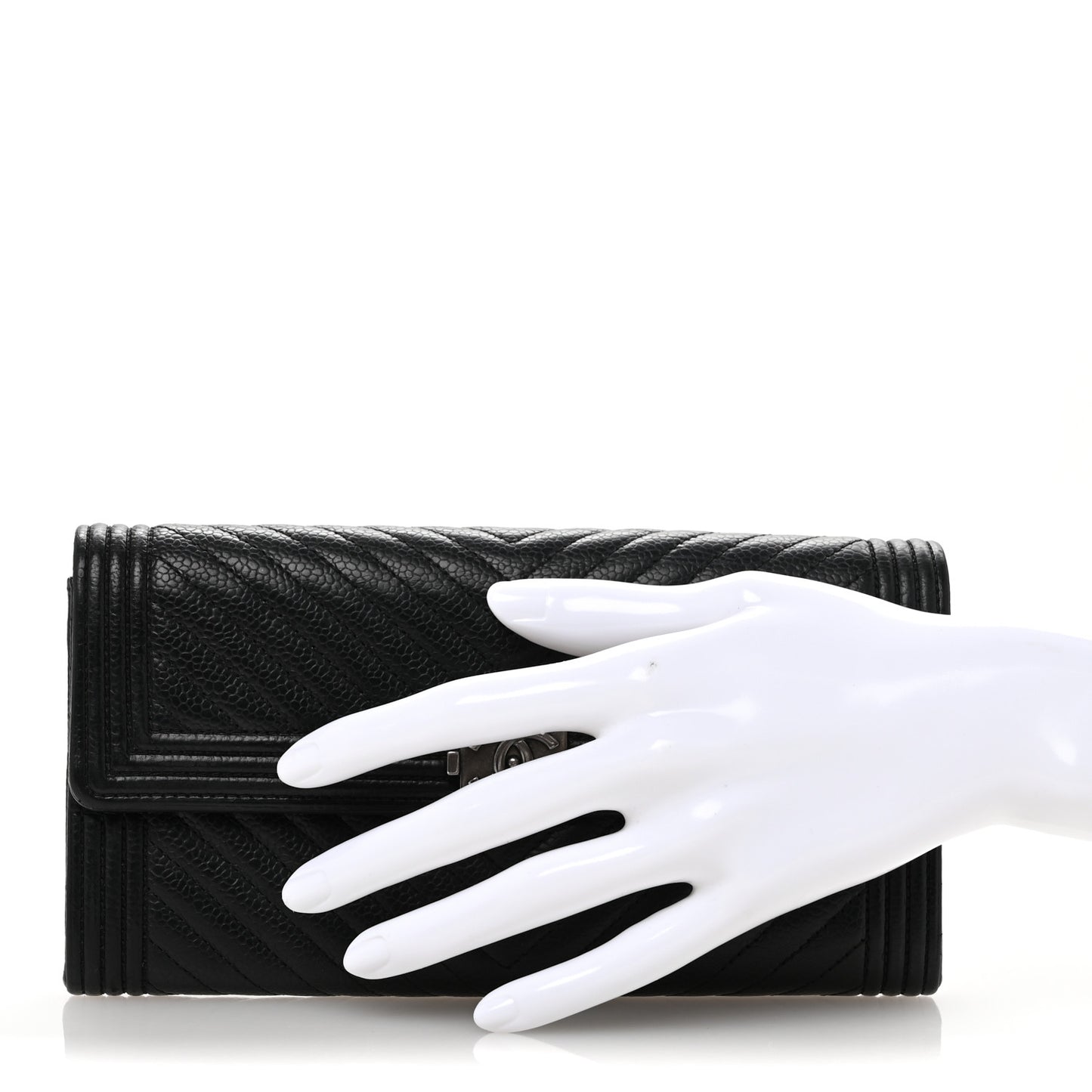 Caviar Chevron Quilted Boy Flap Wallet Black
