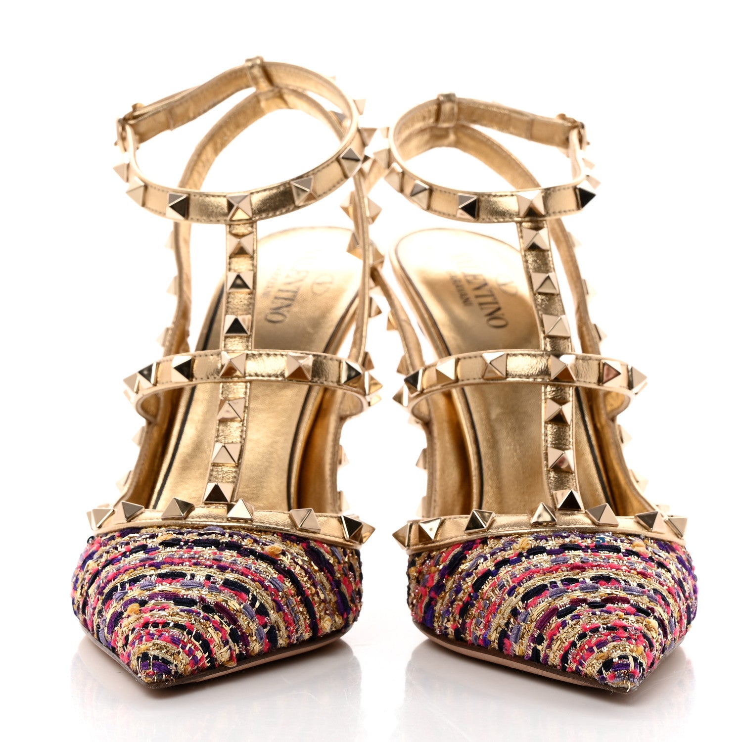 Valentino Garavani Metallic Nappa Tweed Rockstud Ankle Strap 100mm Pumps 40 Gold Multicolor 2 of 10
