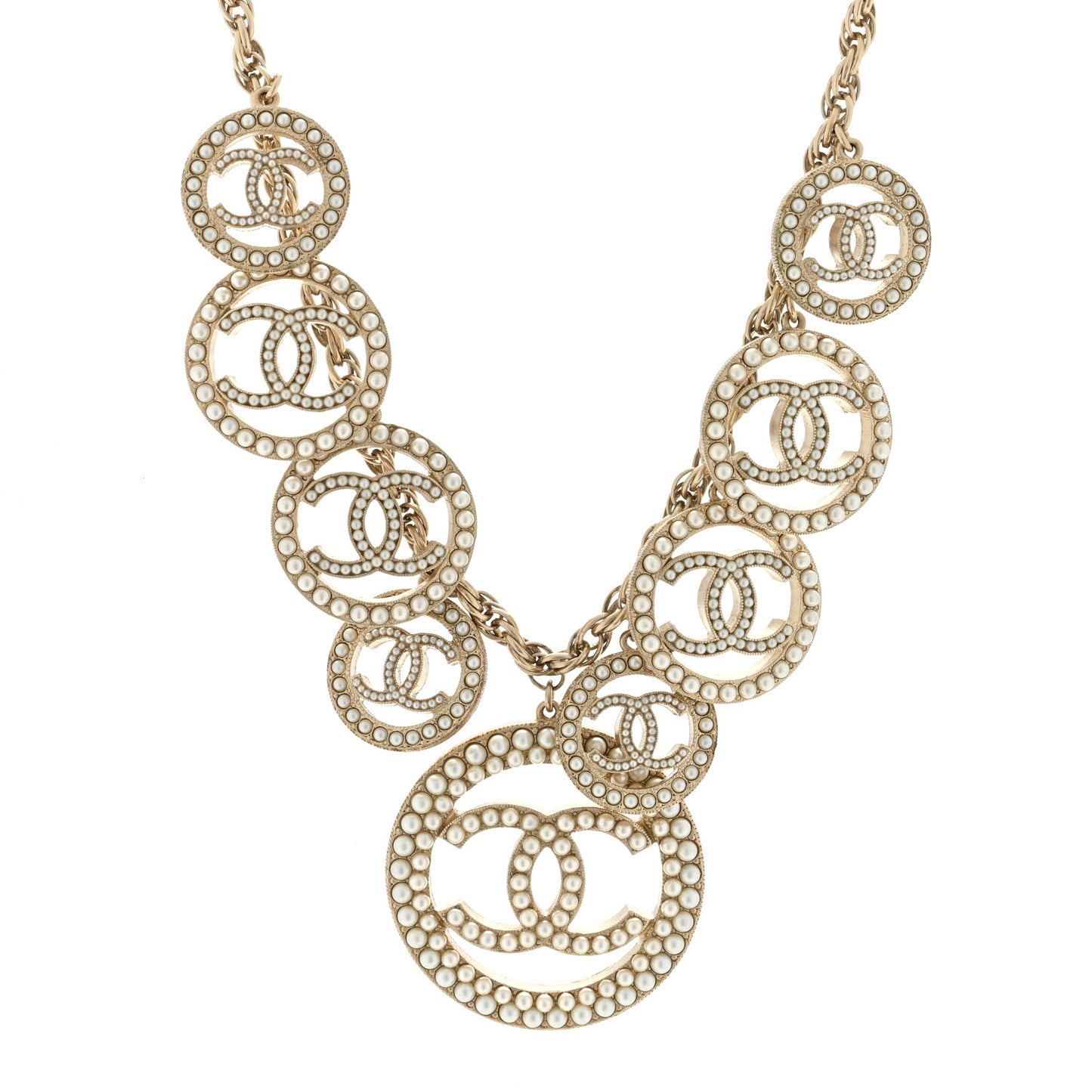 Metal Pearl CC Medallion Necklace Light Gold White