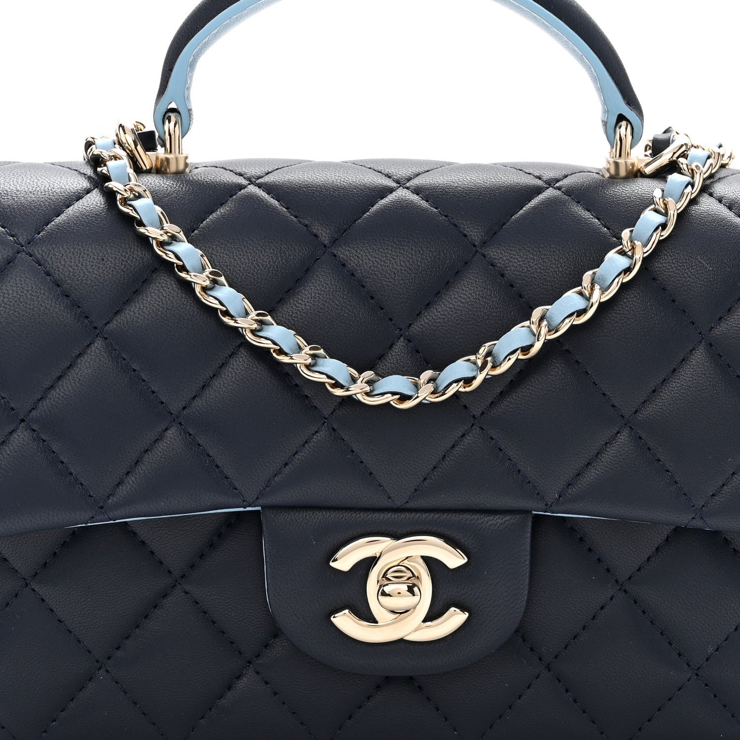 Chanel Lambskin Quilted Bi-Color Mini Top Handle Rectangular Flap Navy Blue Light Blue 8 of 11
