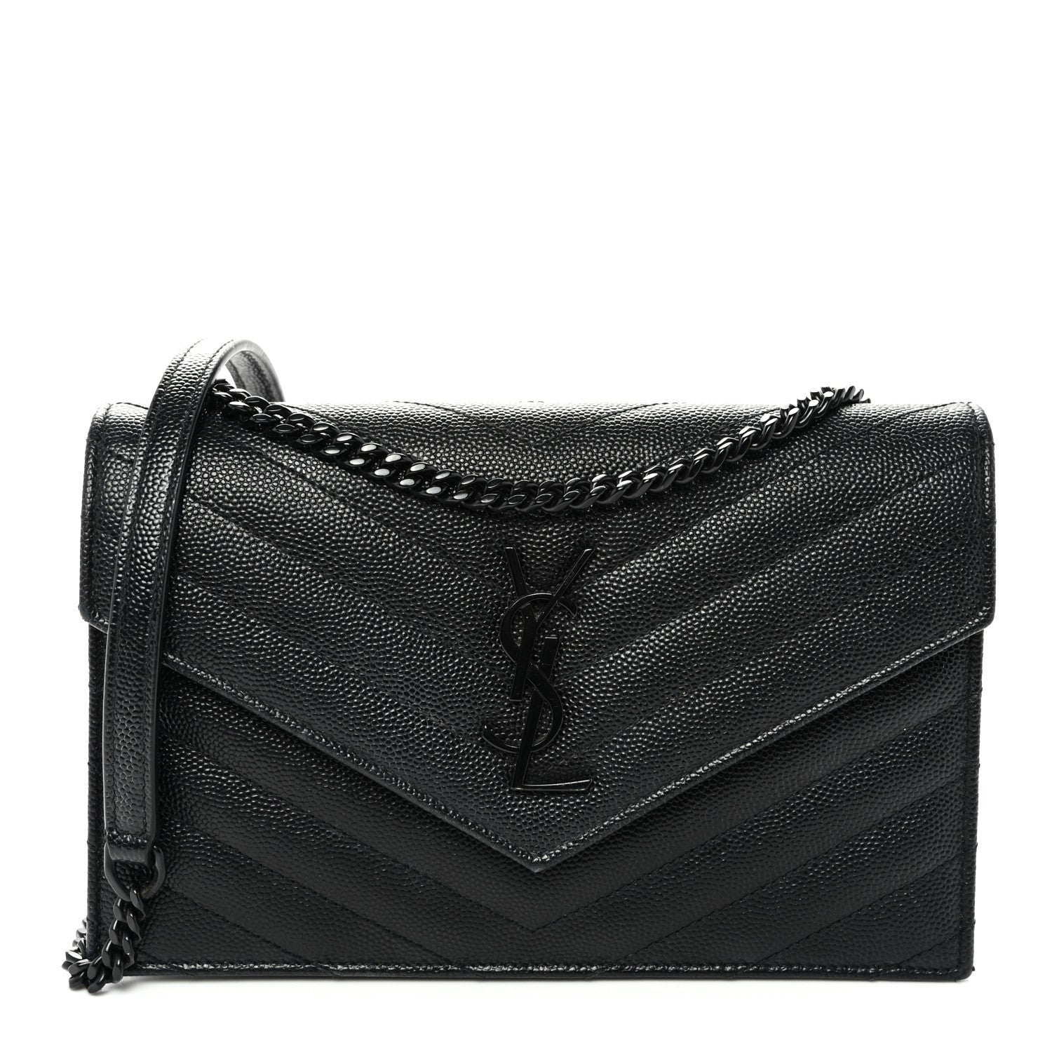 Saint Laurent Grain De Poudre Matelasse Chevron Monogram Monochrome Envelope Chain Wallet Black 1 of 9