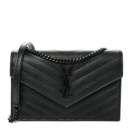 Saint Laurent Grain De Poudre Matelasse Chevron Monogram Monochrome Envelope Chain Wallet Black 1 of 9