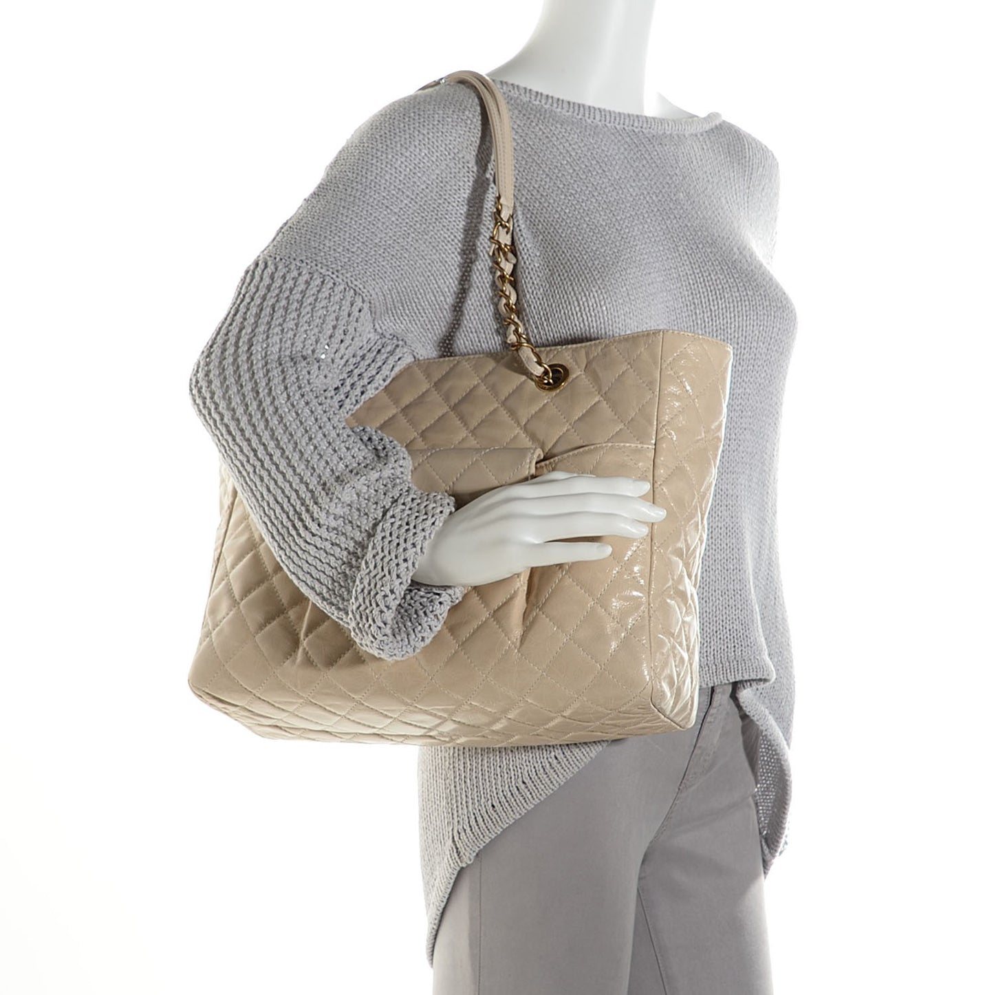 Glazed Calfskin Quilted Bubble CC Tote Light Beige